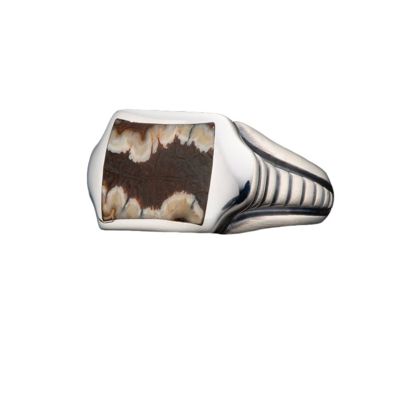 William Henry Sleek ring Having a rectangular cut Mammoth Tooth  bezel set in the center with grooved shank  size 10